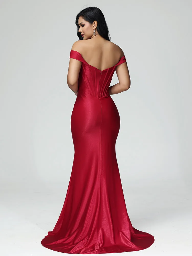 Off-Shoulder Evening Dress Satin Stretch Silky Pleated with Sweep Train in RED